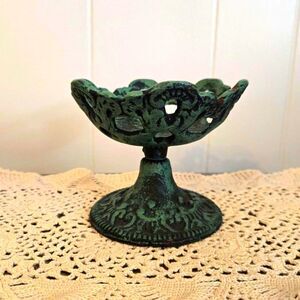 Metal Pedestal Compote Dish With Oxidized Verdigris Finish Made To Look Vintage